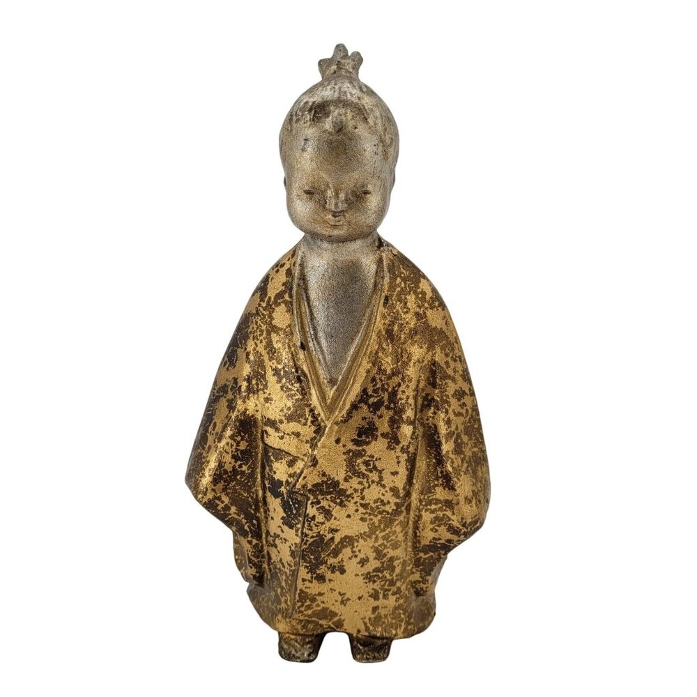 Okimono Gilt Iron Selflessness Child In Kimono Marked On Back Vintage Sculpture